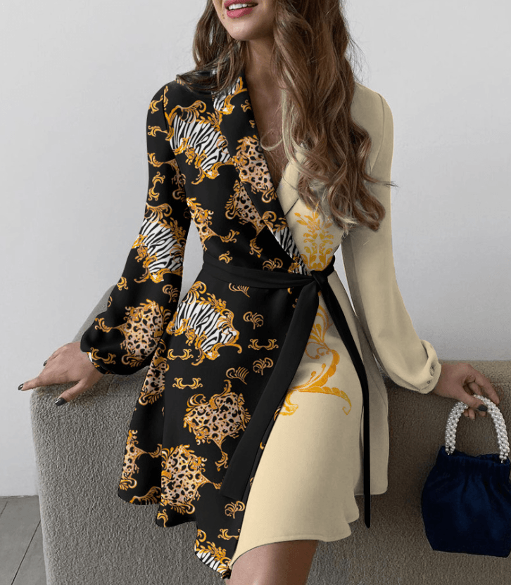 Fashion Sky Blue Long - sleeved Lapel Waist Tie Dress - Amazitshop