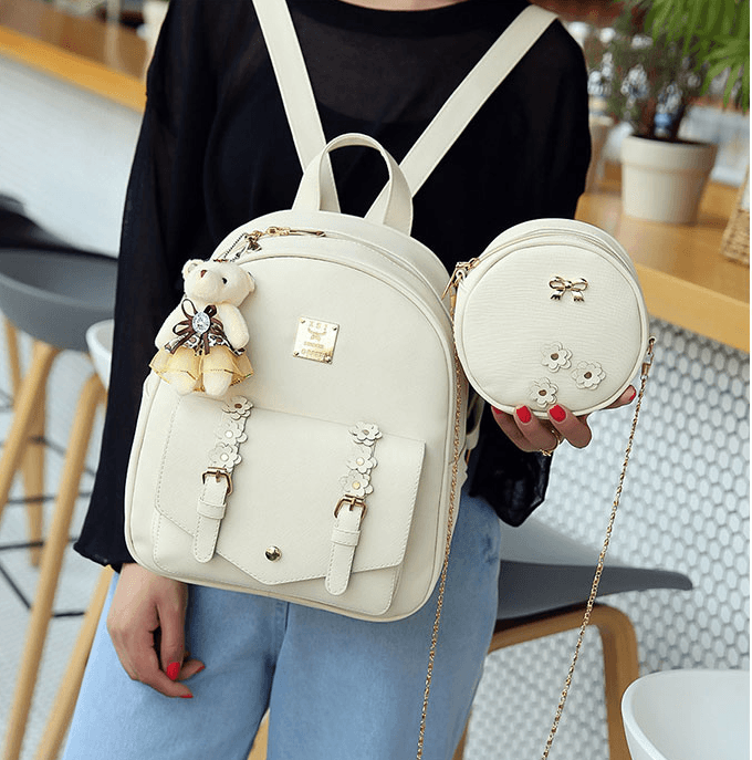 Fashionable 3 pcs Set Bag Women Leather Backpack Cute School Backpacks For Teenage Girls Female Shoulder Bag Flowers Purse - Amazitshop