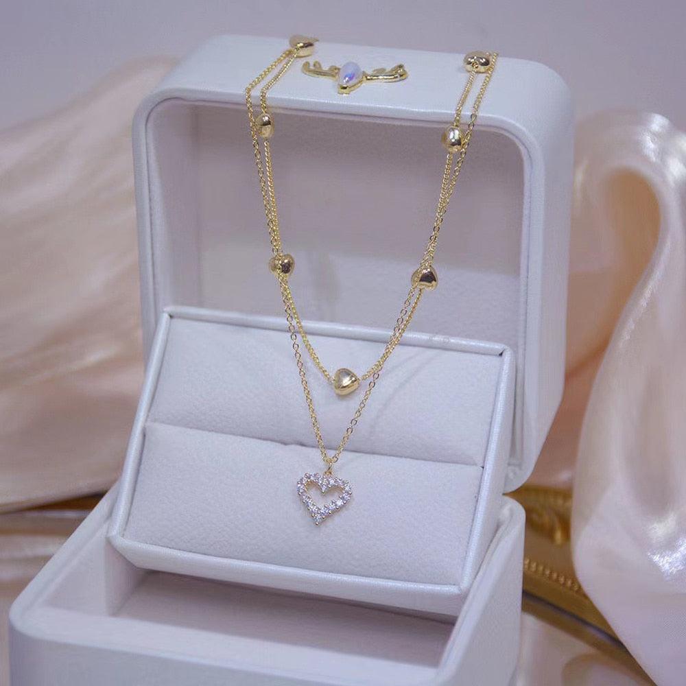 Gold Color Double Layer Heart Necklace - Amazitshop