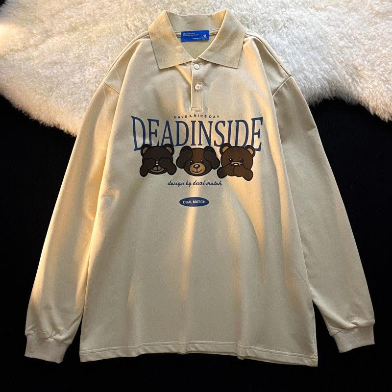 Loose Cotton Women Three Bear Lapel Polo Shirt Sweater - Amazitshop