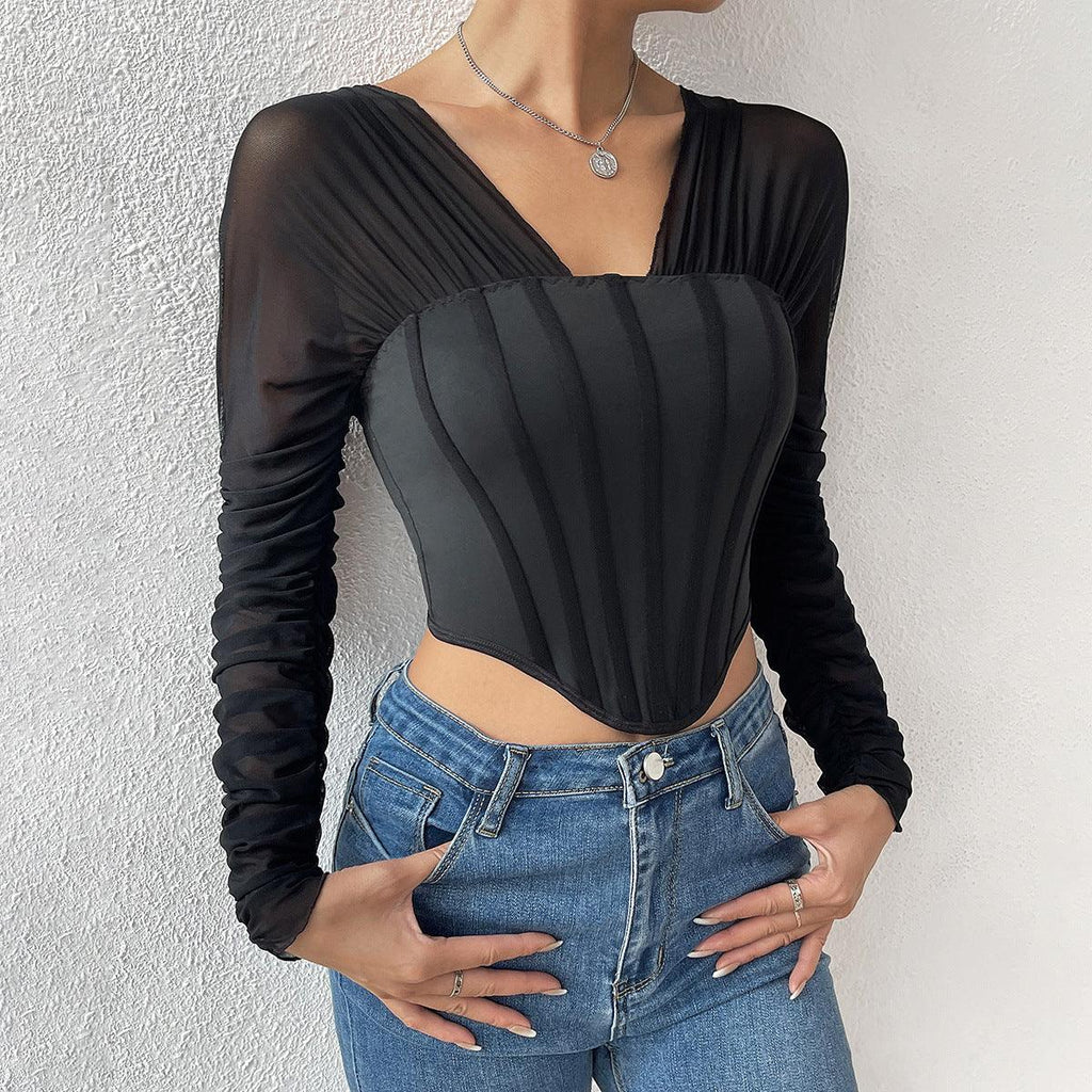 Mesh Pleated Fishbone Diamond Two - piece Pile Sleeve Top for Women - Amazitshop