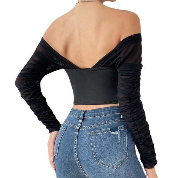 Mesh Pleated Fishbone Diamond Two - piece Pile Sleeve Top for Women - Amazitshop