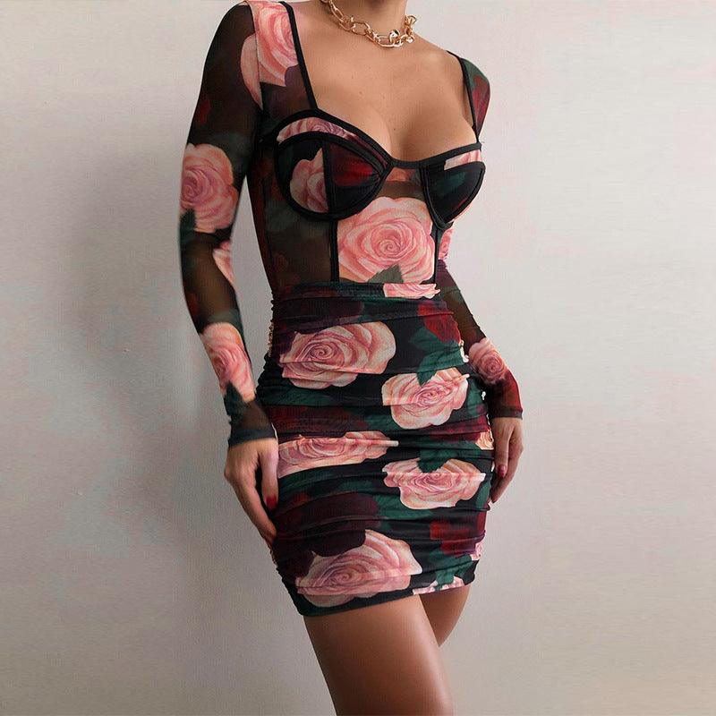 Net Yarn Rose Flower Long - sleeved Women Dress - Amazitshop