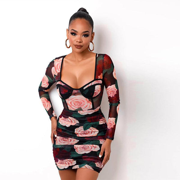 Net Yarn Rose Flower Long - sleeved Women Dress - Amazitshop