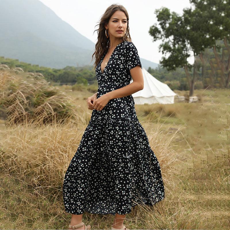 New Long Dress Women Summer Boho Sexy Flowers Dress With V - neck - Amazitshop
