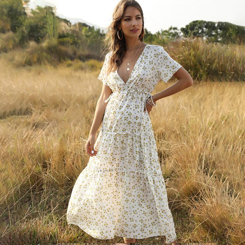 New Long Dress Women Summer Boho Sexy Flowers Dress With V - neck - Amazitshop