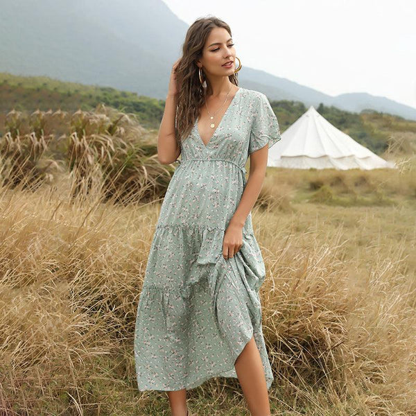 New Long Dress Women Summer Boho Sexy Flowers Dress With V - neck - Amazitshop
