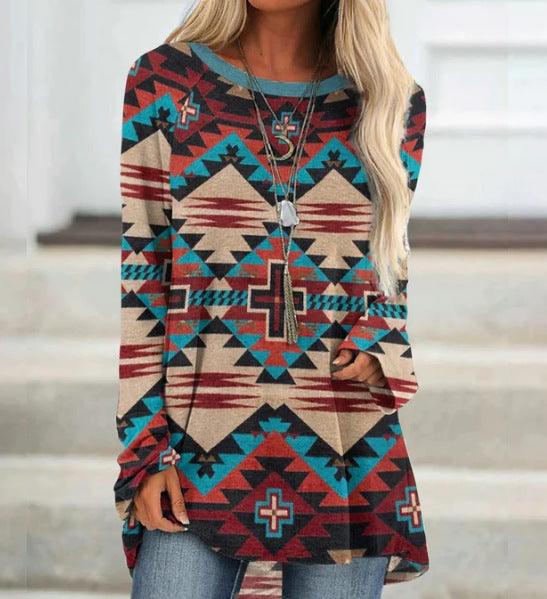 New Long T-shirt Dress Retro Ethnic Style - Amazitshop