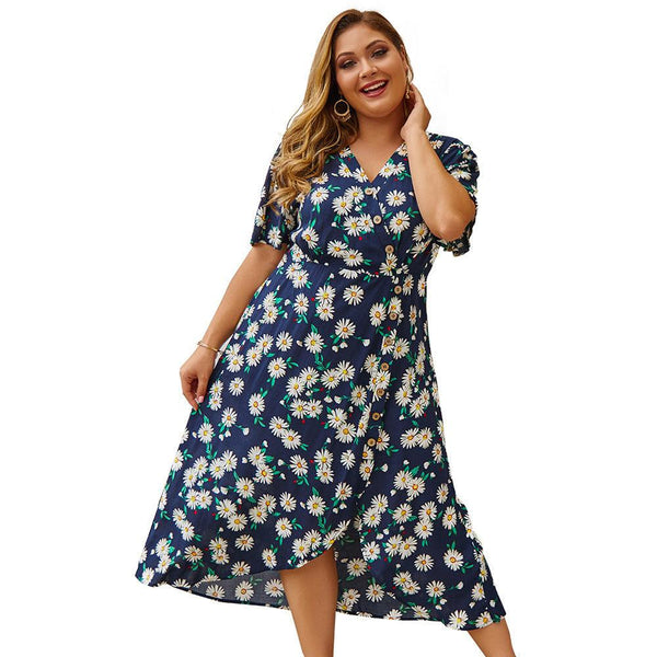 New Plus Size Dress Vintage Women Flower Print Dresses - Amazitshop