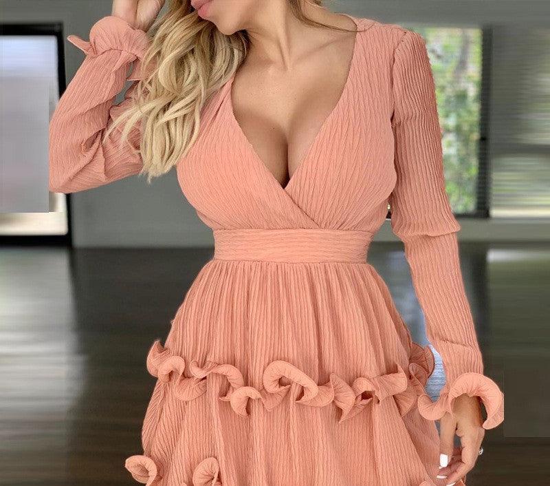 New Style Deep V Long - Sleeved Lace Hem Waist Dress - Amazitshop