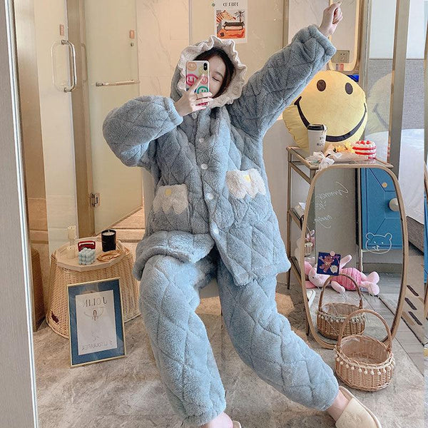 Pajamas Women Plus Cotton Coral Velvet Thick Quilted Cartoon Mid - length Flannel Home Service Suit - Amazitshop