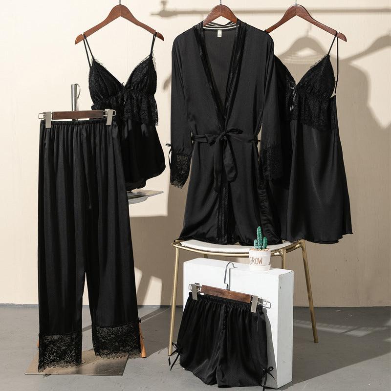 Pajamas Women Summer Ice Silk Sexy Five - piece Suspenders - Amazitshop