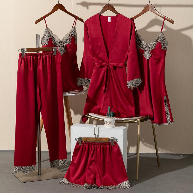 Pajamas Women Summer Ice Silk Sexy Five - piece Suspenders - Amazitshop