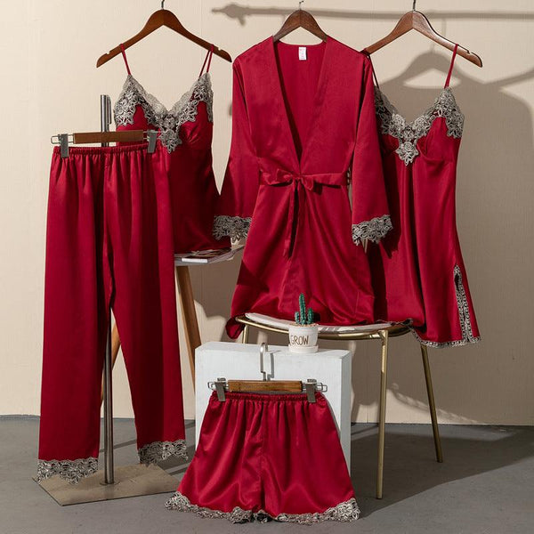 Pajamas Women Summer Ice Silk Sexy Five - piece Suspenders - Amazitshop