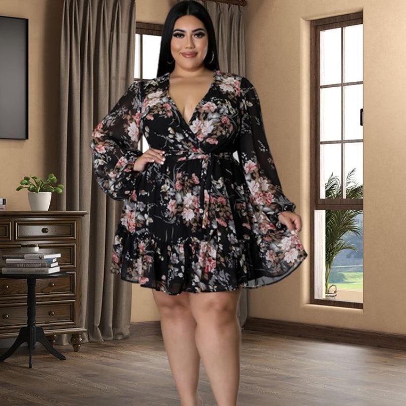 Plus Size Women Flower Print ChiffonV Neck Out Long Sleeve Dress - Amazitshop