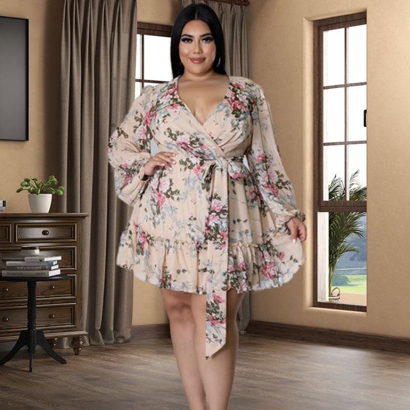 Plus Size Women Flower Print ChiffonV Neck Out Long Sleeve Dress - Amazitshop
