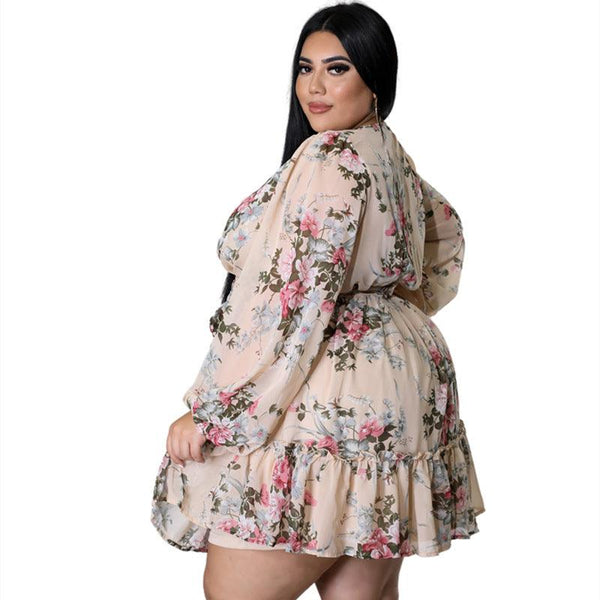 Plus Size Women Flower Print ChiffonV Neck Out Long Sleeve Dress - Amazitshop