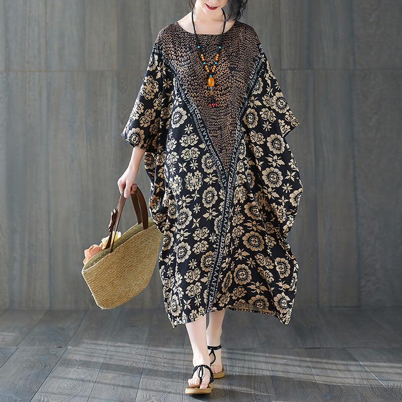 Quality Vintage Floral Print for Women Batwing Long Dress - Amazitshop