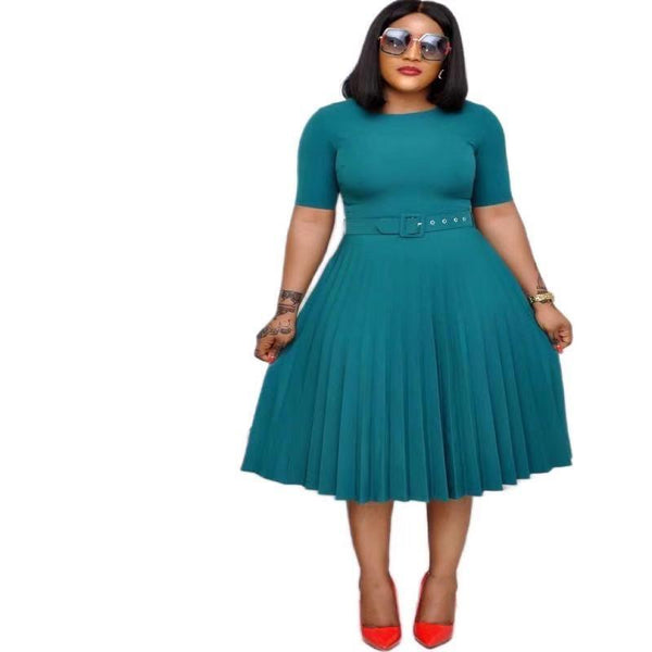 Round Neck Plus Size Mother's Dress Female Pleated Dress - Amazitshop