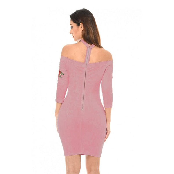 Shoulderless Choker Neck Suede Dress Women Rose Flower Embroided Bandage Mini Dress - Amazitshop
