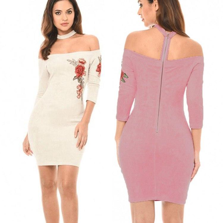 Shoulderless Choker Neck Suede Dress Women Rose Flower Embroided Bandage Mini Dress - Amazitshop
