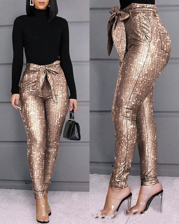 Special Belle Champagne Stretch Sequin Pants - Amazitshop