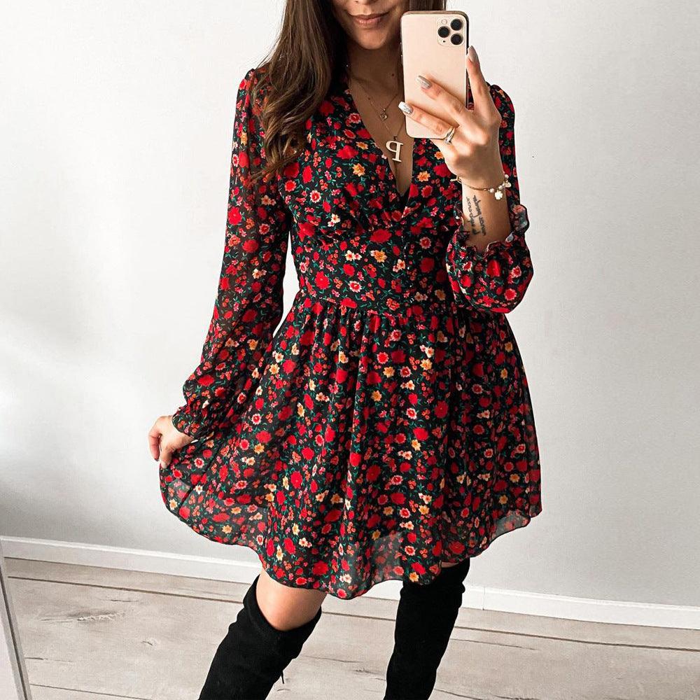 Spring And Summer Red Small Floral Women's Dress - Amazitshop