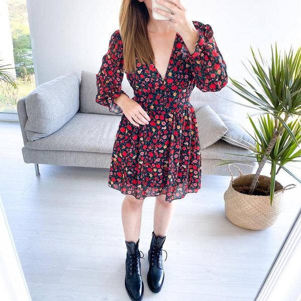 Spring And Summer Red Small Floral Women's Dress - Amazitshop