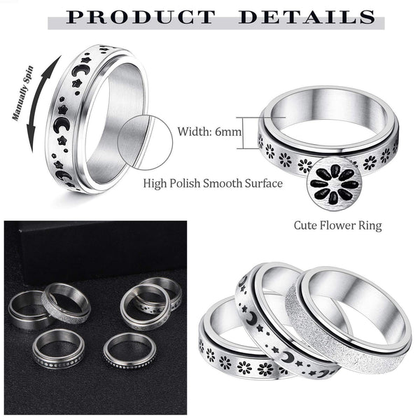 Stainless Steel Rotatable Spinner Ring Moon Stars Relieve Anxiety Rings - Amazitshop