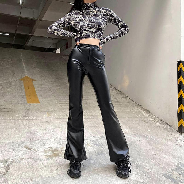Street Trending New Basic Wide - leg Bootcut Leather Pants - Amazitshop
