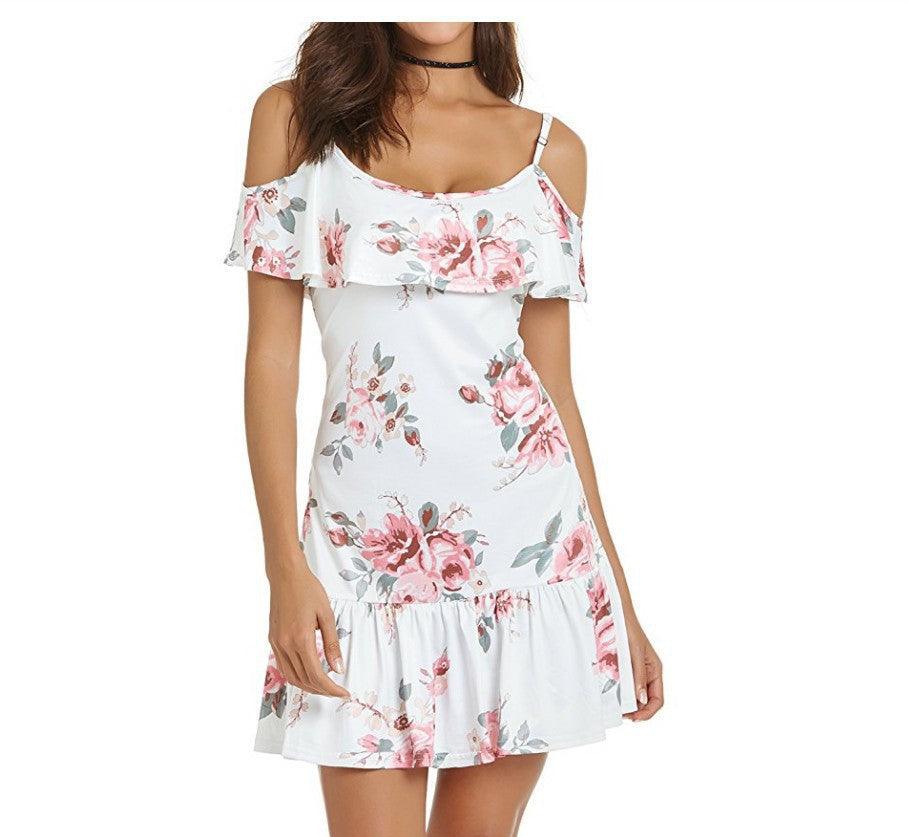 Summer Hot Print Spaghetti - strap Ruffle Pleated Off - shoulder Dress For Women - Amazitshop