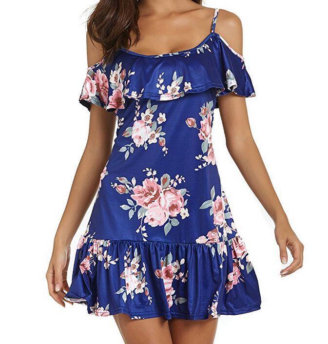 Summer Hot Print Spaghetti - strap Ruffle Pleated Off - shoulder Dress For Women - Amazitshop