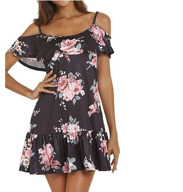 Summer Hot Print Spaghetti - strap Ruffle Pleated Off - shoulder Dress For Women - Amazitshop