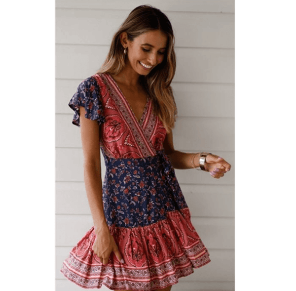 V - neck sexy bohemian print dress for women - Amazitshop