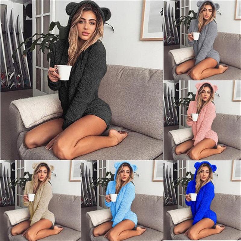 Women autumn winter spring Fleece Long Sleeve Sleepwear Pajamas Night Dress Jumpsuit with cute ears hood - Amazitshop
