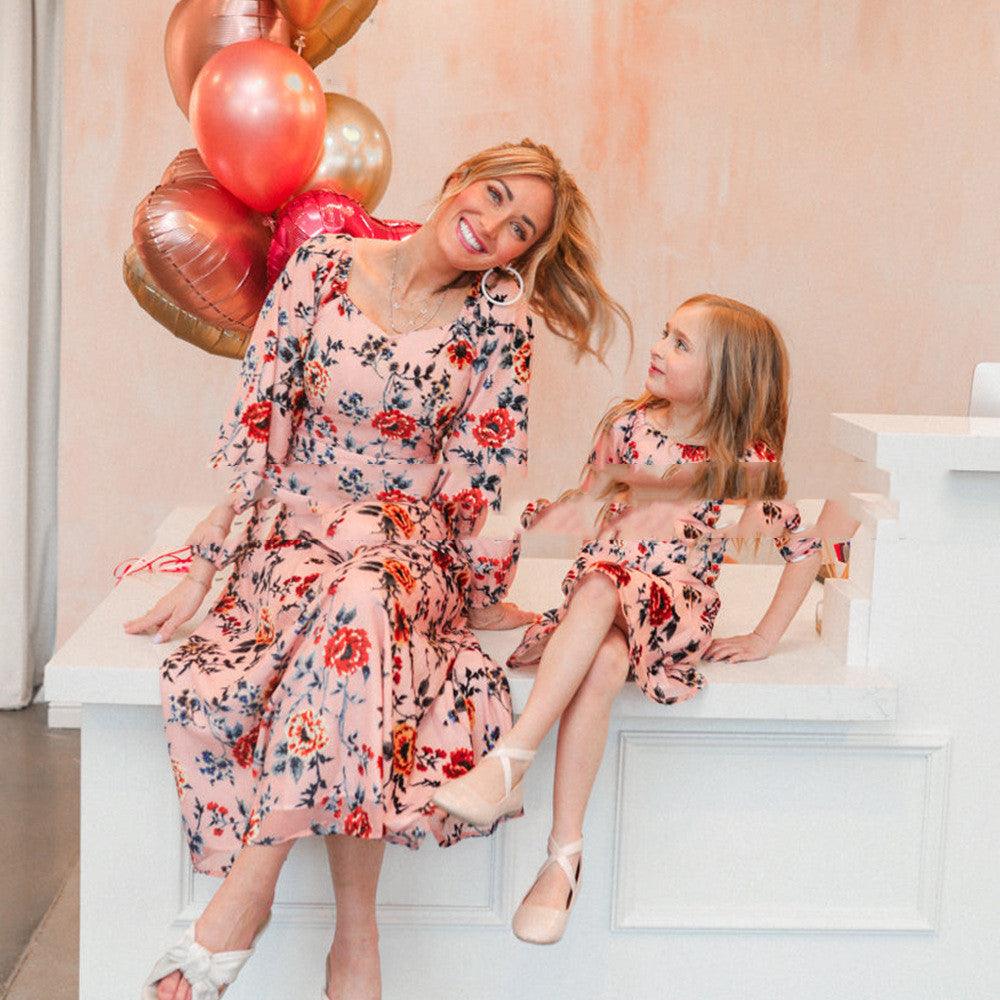 Women Big Flower Print Parent - child Dress - Amazitshop