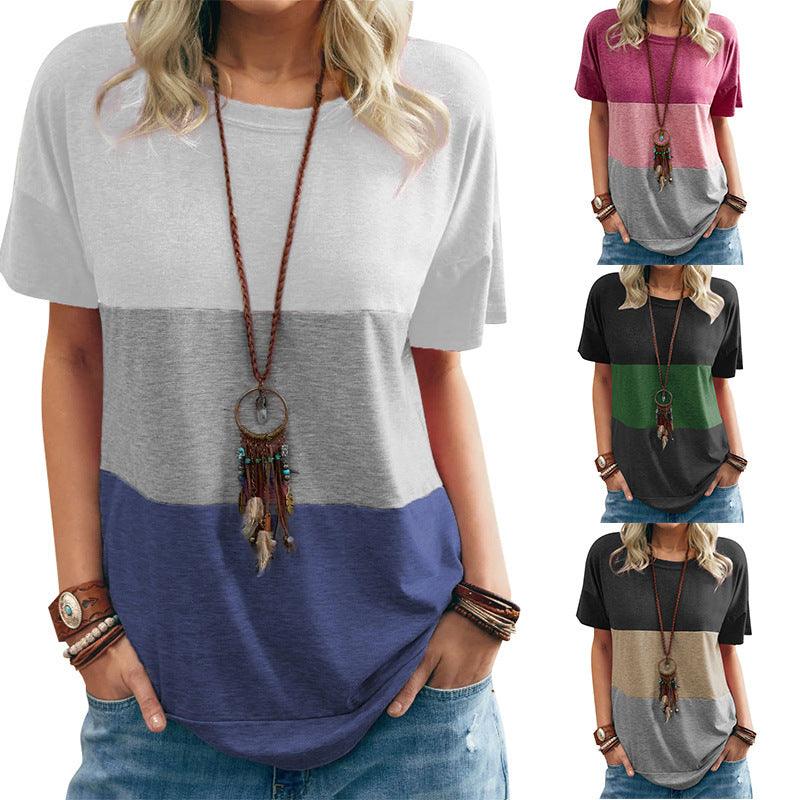 Women Color block Round Neck Loose Short Sleeves - Amazitshop