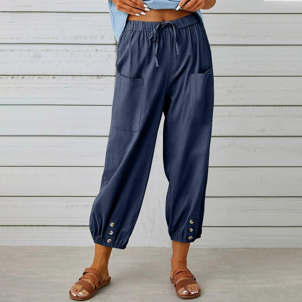 Women Drawstring Tie Pants Spring Summer Cotton And Linen Trousers With Pockets Button - Amazitshop