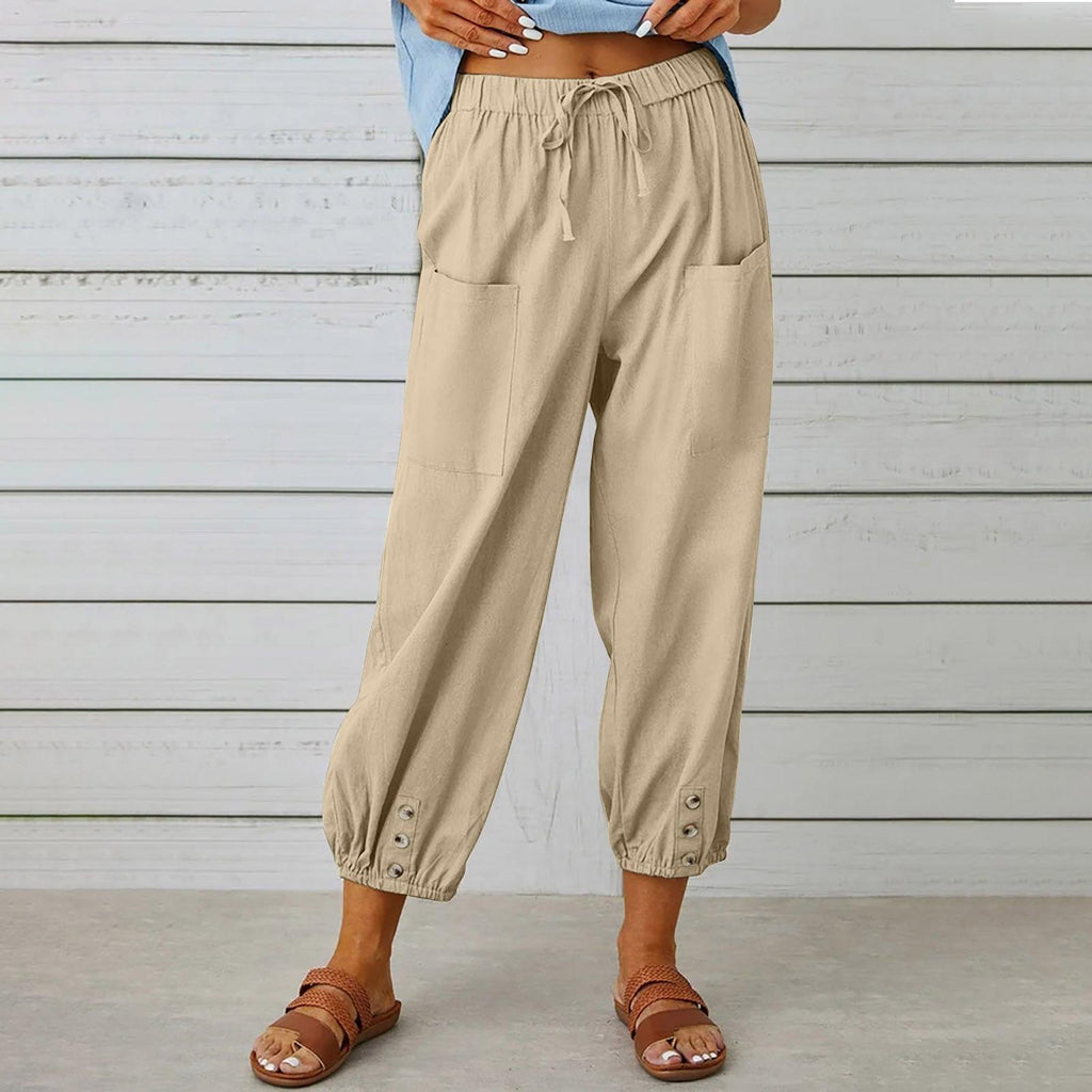 Women Drawstring Tie Pants Spring Summer Cotton And Linen Trousers With Pockets Button - Amazitshop