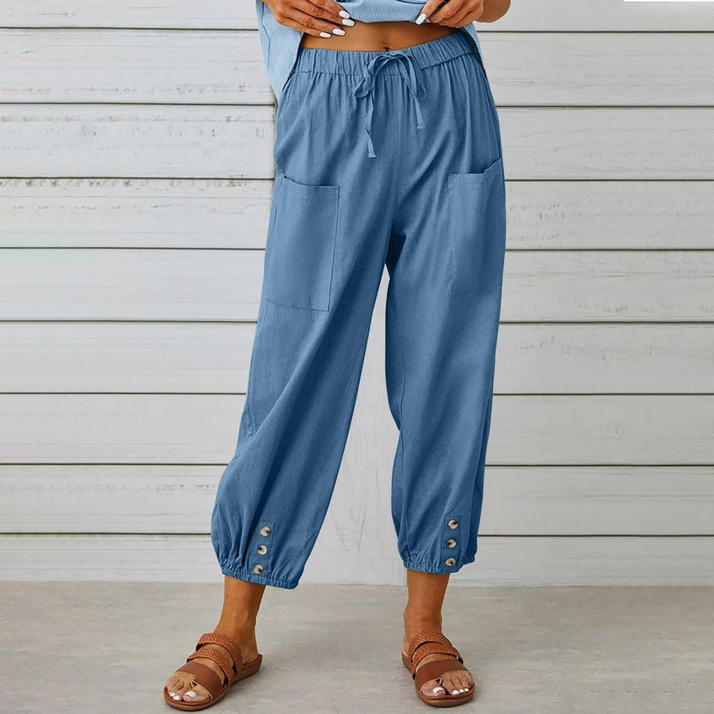 Women Drawstring Tie Pants Spring Summer Cotton And Linen Trousers With Pockets Button - Amazitshop