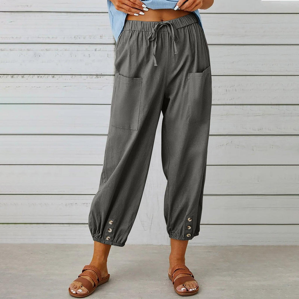 Women Drawstring Tie Pants Spring Summer Cotton And Linen Trousers With Pockets Button - Amazitshop