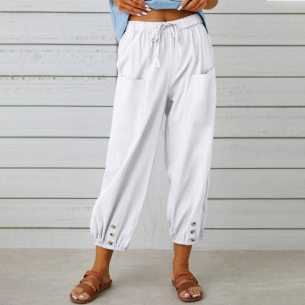 Women Drawstring Tie Pants Spring Summer Cotton And Linen Trousers With Pockets Button - Amazitshop
