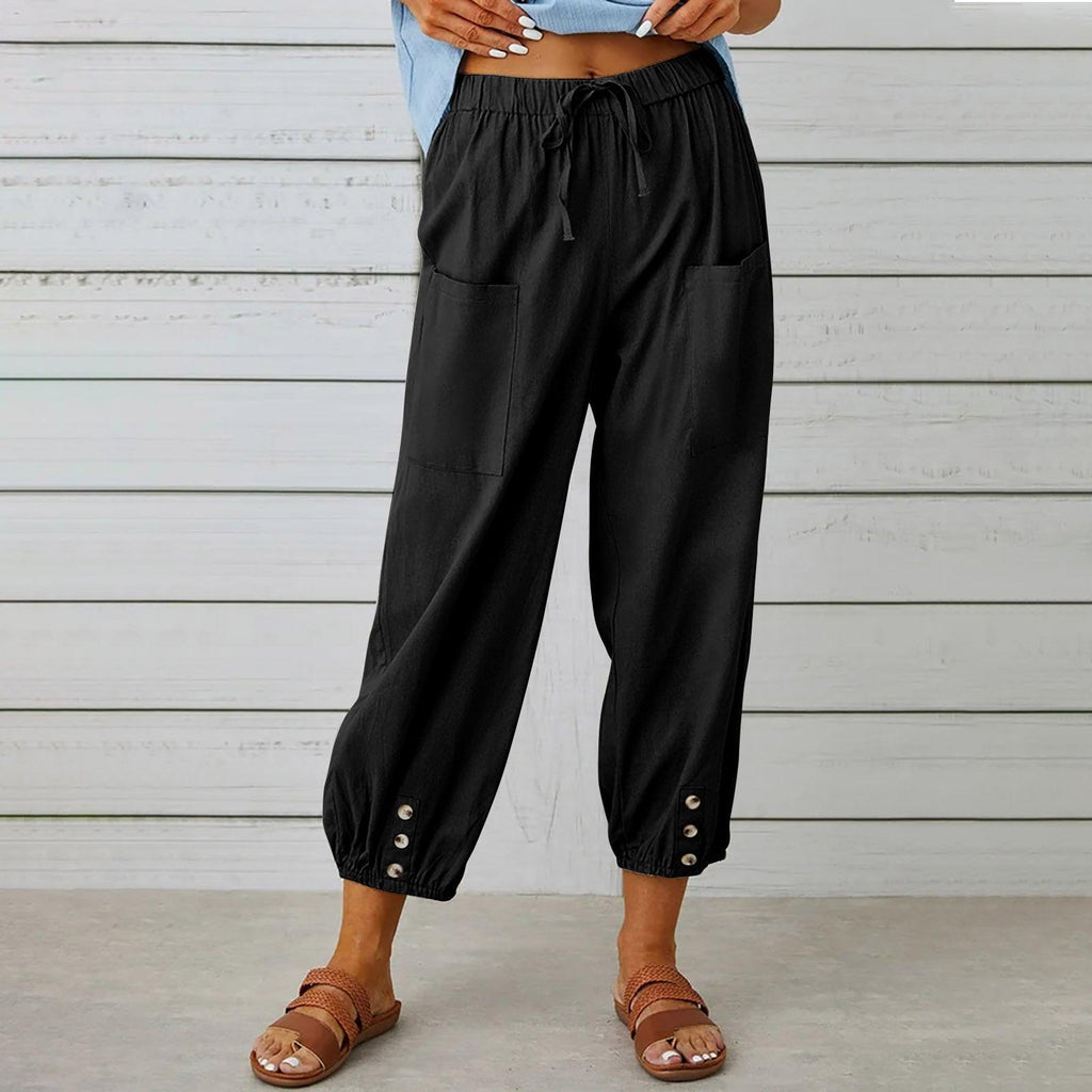 Women Drawstring Tie Pants Spring Summer Cotton And Linen Trousers With Pockets Button - Amazitshop