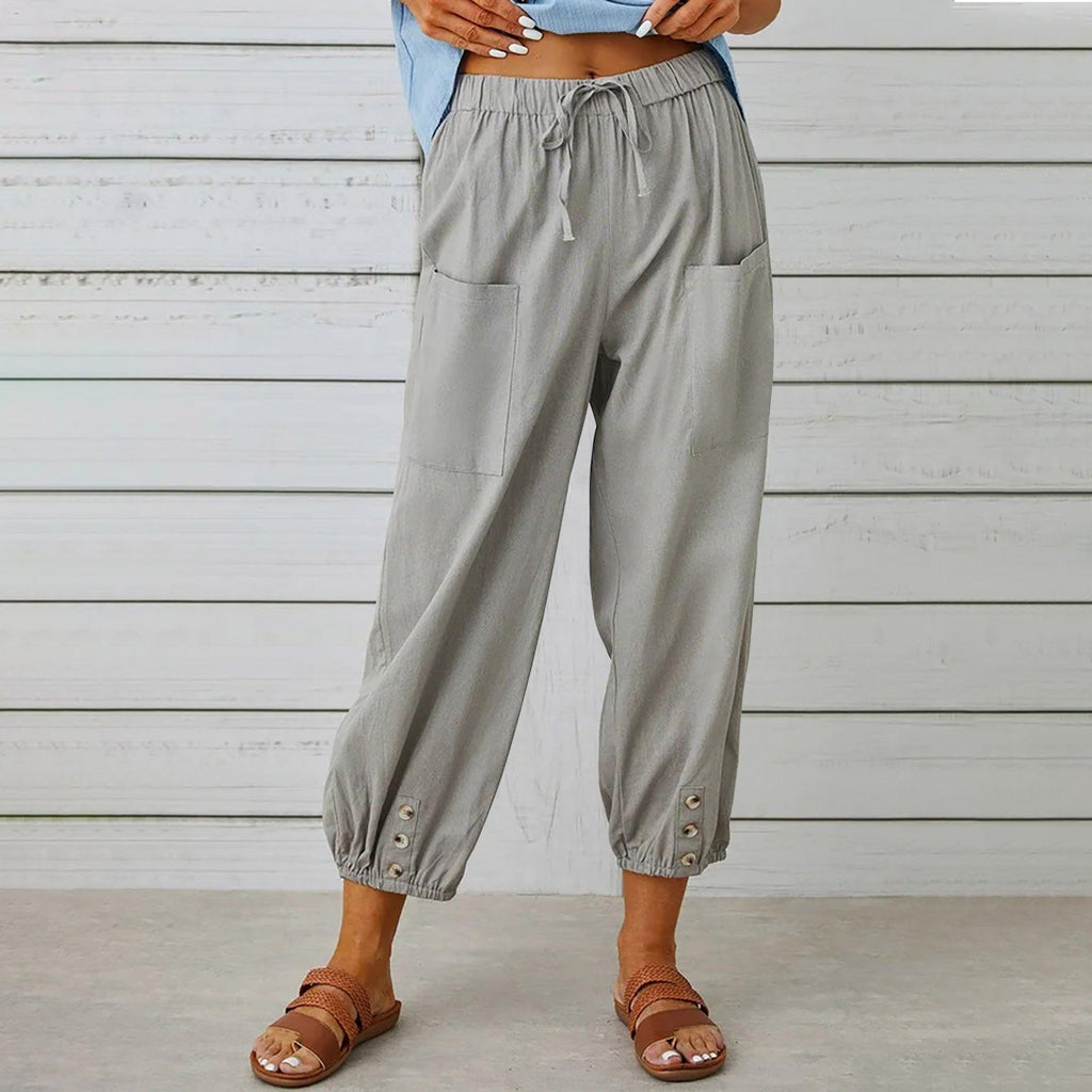 Women Drawstring Tie Pants Spring Summer Cotton And Linen Trousers With Pockets Button - Amazitshop
