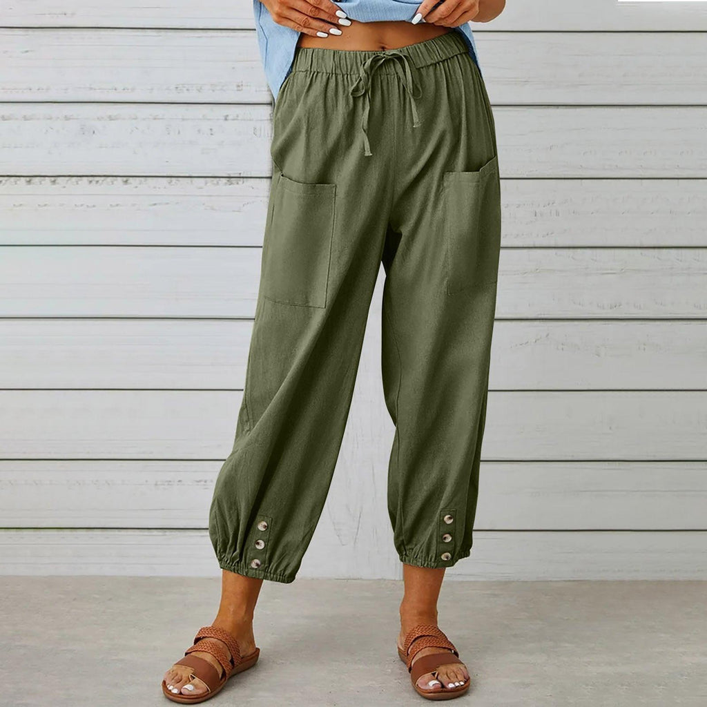 Women Drawstring Tie Pants Spring Summer Cotton And Linen Trousers With Pockets Button - Amazitshop