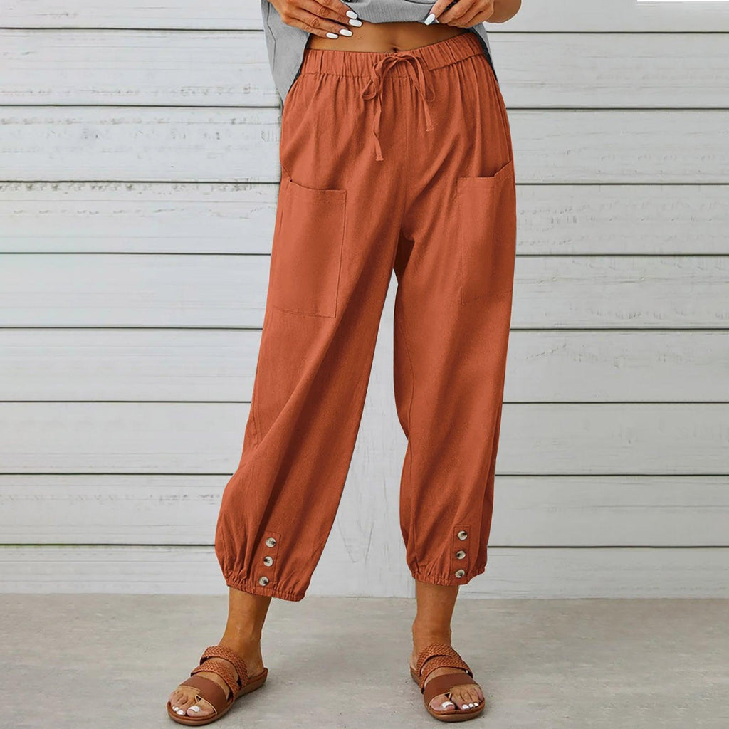 Women Drawstring Tie Pants Spring Summer Cotton And Linen Trousers With Pockets Button - Amazitshop
