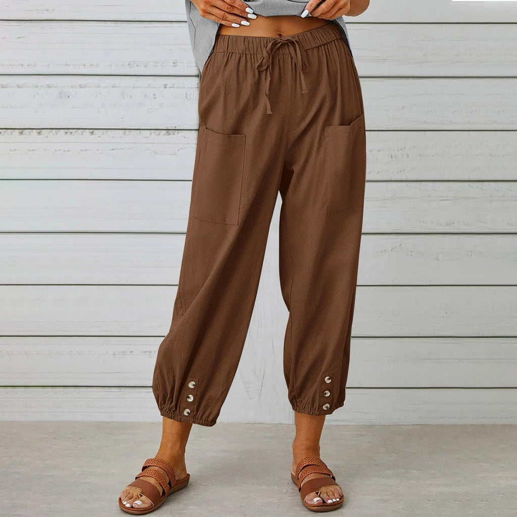 Women Drawstring Tie Pants Spring Summer Cotton And Linen Trousers With Pockets Button - Amazitshop