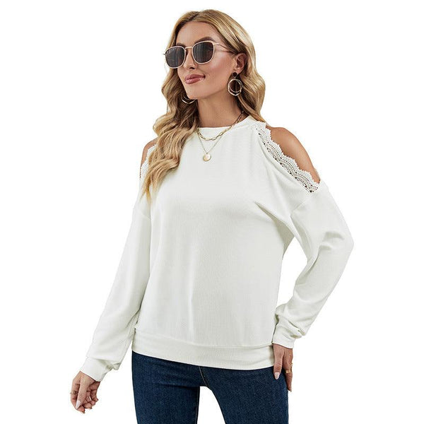 Women Fashion Lace Panel Sexy Shoulder Drop Casual T-shirt - Amazitshop