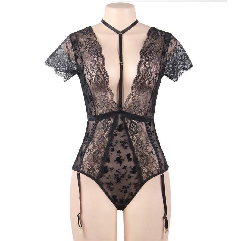 Women Lace Deep V Short - Sleeved See - Through Garter Bodysuit - Amazitshop