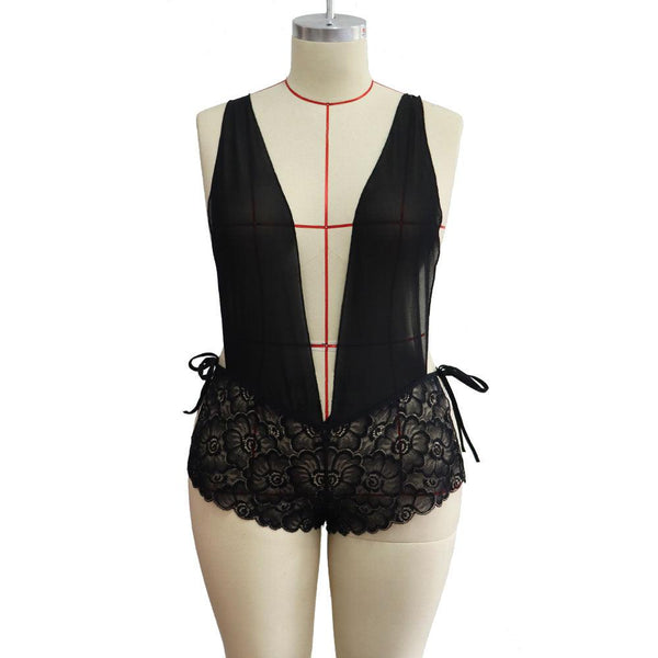 Women Large Size Sexy Lingerie Lace See - Through Sexy One - Piece Tights Nightdress - Amazitshop